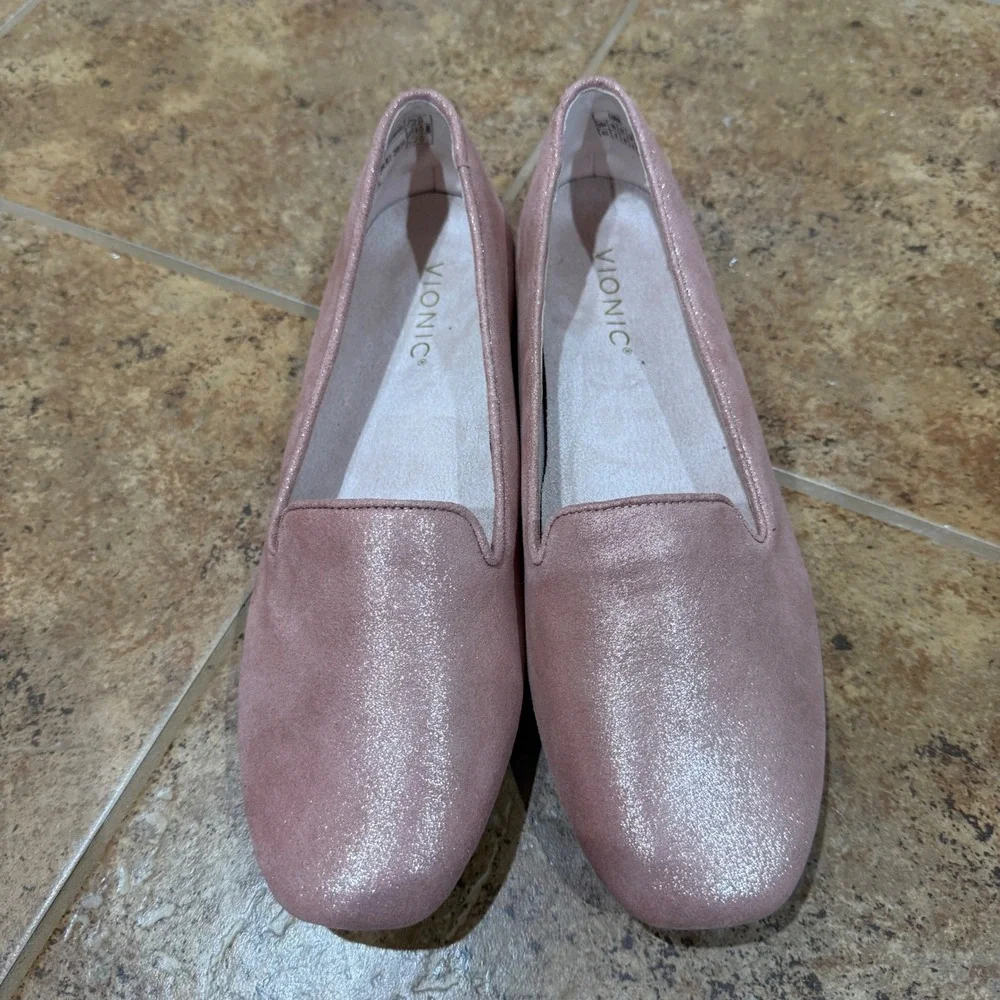 Vionic Vio Motion Coral Pink Shimmer Leather Slip‎ On Flats Loafers 8.5 Comfort